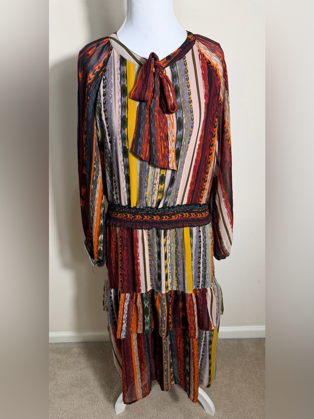 Autumn Maxi Dress Long Sleeves & Elastic Waist Bow Tie Neck Layered Skirt Size L